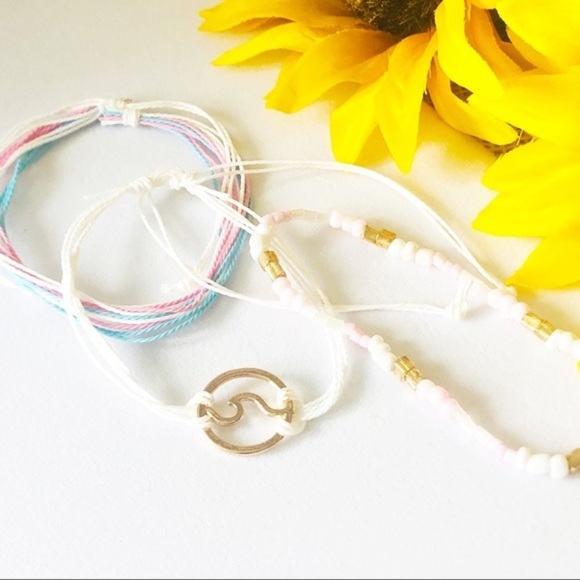 3/$20 Pink & White Wave Adjustable Cord Ankle Bracelet -0076 - Picture 4 of 7